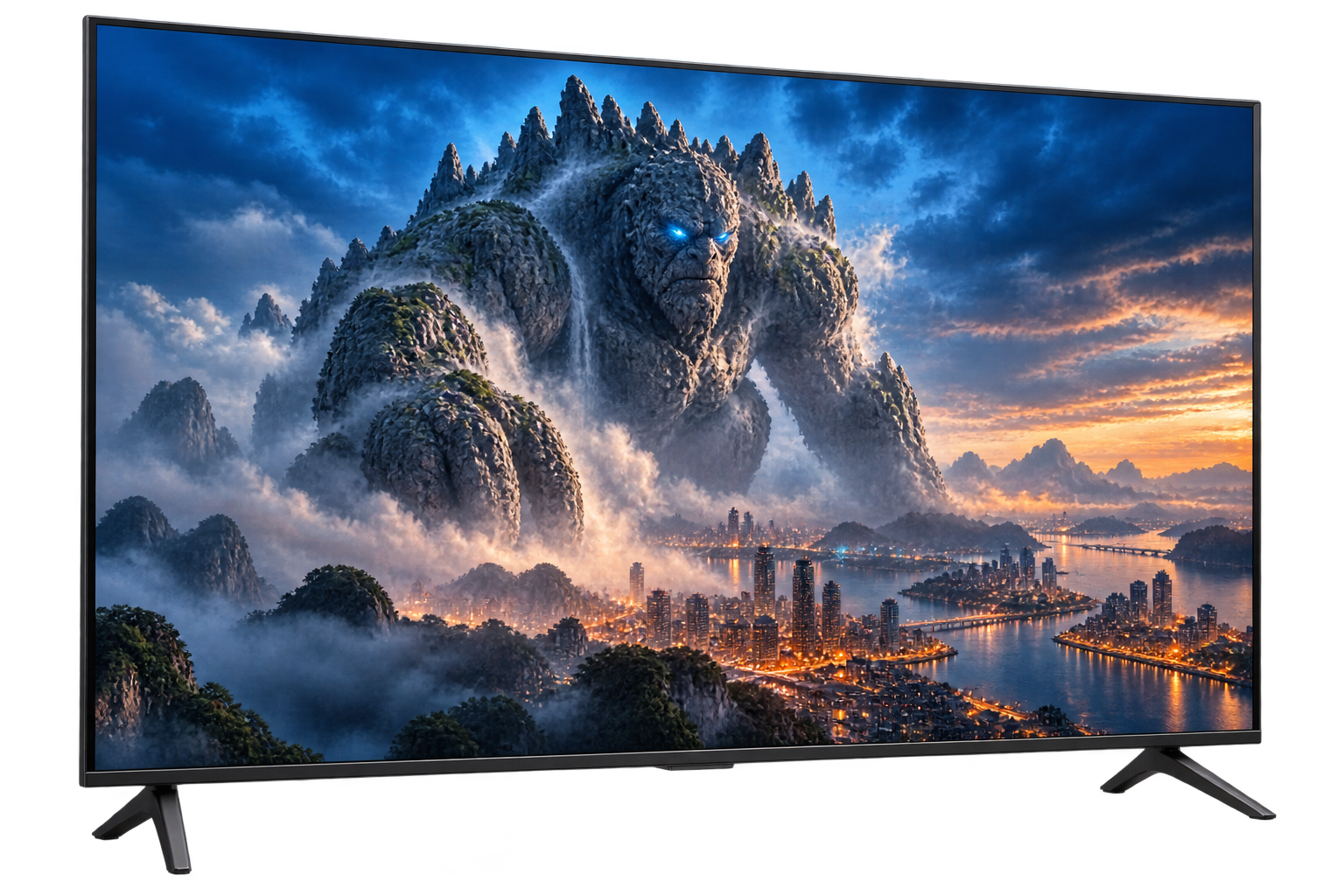 Televisor de pantalla plana que muestra un monstruo rocoso de película sobre una ciudad al anochecer.
