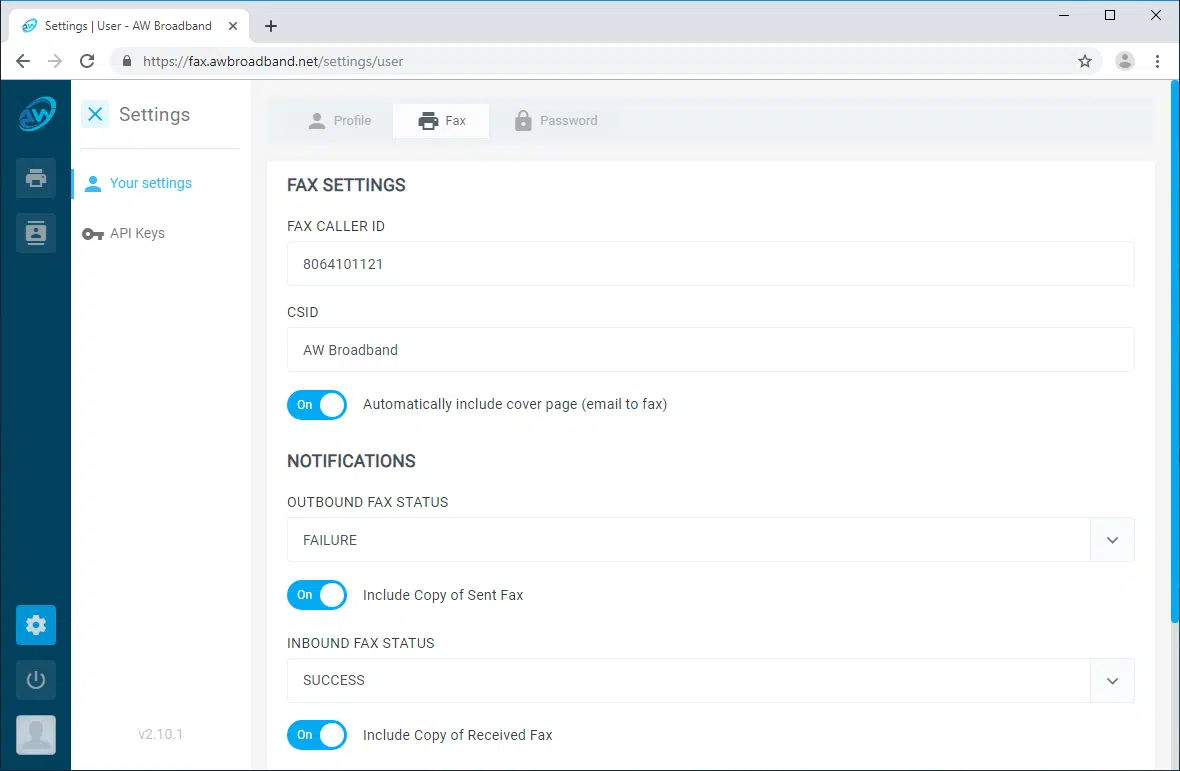 Notificaciones en la configuración de fax